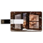 64G USB Flash Drives Credit Card Shape Winter Memory Stick Bank Card Style Close up Snow on Vintage Wooden Christmas Window Pine Christmas Tree Inside ative Waterproof Pen Thumb Lovely Jump Drive U Di