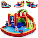 Château Gonflable avec Toboggans Aquatiques, Aire de Jeux Gonflable Piscine avec Motif de Pingouin, Canon à Eau, Panier de Basket-Ball 3 à 10 Ans