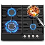 Gas Hob 4 burners, TopStrong 60cm Black Glass Gas Hob, Built in Gas Cooktop with Cast Iron Supports, NG/LPG Convertible, Gas Hob Cooker with Flame Out Protection