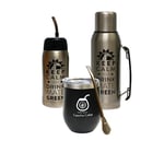 Gaucho Cebar Yerba Set complet d'accessoires pour thé | Bouteille isotherme 1 l Silver et Yerbomos 680 ml noire en acier inoxydable maté tasse Termolid 350 ml | Paille en acier Bombilla 19 cm