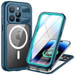 Lanhiem Coque pour iPhone 14 Pro Étanche,[IP68 Imperméable+Compatible avec MagSafe] 360 Indestructible Antichoc Antipoussière Waterproof Etui Housse pour iPhone 14 Pro (6.1"),Bleu