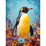 Artery8 King Penguin in Colourful Floral Flowers Nest Thick Paint Oil Painting Yellow Black Blue Colourful Artwork Extra Large XL Wall Art Poster Print