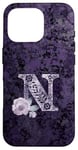 Coque pour iPhone 16 Pro Jolie rose florale violette avec monogramme lettre N