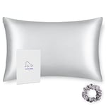 ALASKA BEAR Silk Pillowcase for Acne Prone Skin Hypoallergenic Pillow Slip Prolong Hairstyles, Eyelashes & Extensions Standard w/Gentle Silk Scrunchie Gift Set (1pc, Silver)