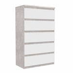 Meubletmoi - Grande commode 5 tiroirs blanc et décor béton gris clair - benny