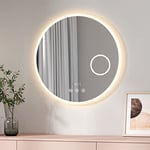 EMKE LED Miroir de Salle de Bain Miroir Rond ф70cm Cadre Acrylique Miroir de Salle de Bain avec Tactile, Anti-buée, Température, 3X loupe, Bluetooth, Dimmable, Fonction Mémoire Éclairage Neutre