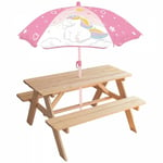 Fun house Licorne Table pique-nique en pin H.53 x l.95 x P.75 cm avec parasol H.125 x ø 100 cm - Pour enfant