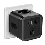 JSVER Prise USB Multiple,Cube Multiprise Murale USB 3 Prises (1 Sortie AC,2 Prise Euro) et 3 Ports USB Chargeur Parasurtenseur Parafoudre et Surtension avec Interrupteur pour iPhone Tablette- Noir