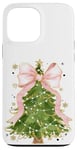 Coque pour iPhone 13 Pro Max Coquette rose avec nœud en ruban et sapin de Noël vert pour fille