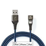 Nedis USB-kabel | USB 2.0 | Apple Lightning 8-Pinners | USB-A Han | 12 W | 480 Mbps | Nikkel belagt | 1.00 m | Rund | Flettet / Nylon | Blå / Sort | Deksel Vindusboks