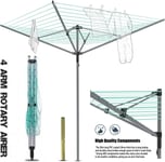 4 Arm 50M Rotary Airer Clothes Dryer Outdoor Garden Washing Line Ground Spike