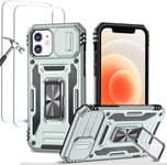 Antichoc Coque Para Iphone 12 6.1',Tpu+Pc Housse Protection De Qualité Militaire Avec Lentille Coulissante Couverture/2* Verre Trempé,Compatible Support De Voiture Magnétique-Gris