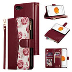 UEEBAI Wallet Case for iPhone 7 Plus/iPhone 8 Plus, PU Leather Flip Case Magnetic Closure Phone Cover Card Slots Zipper Pocket Hand Strap with Unique Roses Design - Red Wine