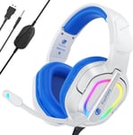 ¿2024 New¿ FC200 Casque Gaming pour PS4/PS5/PC/Xbox/Nintendo Switch, Casque PS5 avec câble et lumière RGB, Casque stéréo Surround avec Micro, Noise Cancelling Gamer Headphones - Blanc Bleu