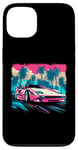 Coque pour iPhone 13 Voiture de sport rose palmiers bleus et ciel rose et bleu