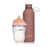 Happymami - Pack Biberon Personnalisable en Forme de Sein + Thermos à liquide, Ensemble d'Alimentation pour Bébé, Sans BPA, Double système Anti-Colique, Facile à Nettoyer, Lavable au Lave-Vaisselle