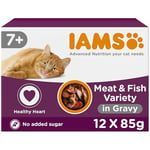 IAMS Delights Complete Wet Cat Food for Senior 7+ Cats Meat and Fish Variety in Gravy Multipack 12 x 85 g Pouches