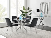 Novara Clear Tempered Glass 100cm Round Dining Table with Chrome Starburst Legs & 4 Pesaro Velvet Silver Leg Chairs