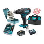 Makita - Pack Perceuse visseuse à percussion 18V 62Nm DHP482 + 1 batt 3 Ah + 30 embouts de vissage + 18 forets + sac