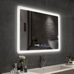 YOURLITE Miroir Salle de Bain avec Éclairage LED 80x60 cm, Luminosité Dimmable et 3 Couleurs Réglables, Fonction Antibuée, Affichage numérique Horloge et Température, Étanche Ip44, Blanc