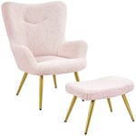 Yaheetech Fauteuil Scandinave à Oreilles avec Repose Pieds en Tissu Bouclette Fauteuil de Salon et Télévision en Peluche Design Elégant 67,5 cm × 70 cm × 97,5 cm Rose