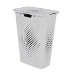 SUNDIS Pixel, panier à linge 40l, en plastique recyclé, blanc cassé, idéal pour les petits espaces, 2 poignées latérales et 1 poignée au-dessous, aération sur les 4 côtés