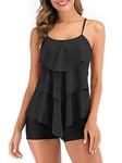 FLYILY Maillot de Bain 2 Pièces Femme Tankini Ensembles à Volants Maillot Haut Imprimé avec Short de Garçon(Black,XL)