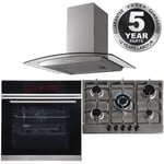 13 Function Single Fan Oven, 70cm 5 Burner Steel Gas Hob & Curved Cooker Hood