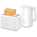 HOMCOM Kettle and Toaster Set, 1.5L 3000W Fast Boil Kettle with Insulation & 2 Slice Toaster Kitchen Set with 7 Level Browning Controls, Defrost, Reheat and Crumb Tray, Cream White