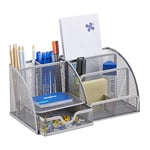 Relaxdays 10022481_55 Organiseur de Bureau stylos Lettres Porte Bloc-Notes Maille métal 6 casiers, argenté, Silber, 12,5 x 27,5 x 14 cm