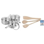 Tala Performance 3 Piece Stainless Steel Cookware Set, Saucepans with Glass lids, 16, 18 20cm. Made in Portugal, Suitable for All hob Types Including Induction + Tala Set of 3 Wooden Cooking Utensils