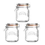 Kilner Square Clip Top Jar Set of 3, 1 Litre (1000ml) Airtight Glass Jars for Storing Coffee Beans Pickling Vegetables Chutneys Pasta Nuts BPA-Free Dishwasher Safe