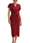 GRACE KARIN Femme Robe Mi-Longue à Volants Robe Moulante à Manches Courtes avec Taille Ceinture à Lacet M Bordeaux