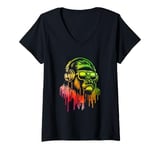 Womens Chimpanzee Sunglasses Headphones V-Neck T-Shirt