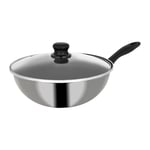 Crealys 536601 Wok Collection Origan en Acier inoxydable Ø 28 cm H 10,5 cm - Revêtement anti adhérent noir sans PFOA - Manche thermorésistant + Couvercle en verre - tous feux dont induction