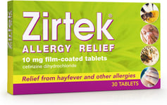 Zirtek Allergy Relief, Pack of 30 Tablets | Hayfever, Dust, Pets, and Hives