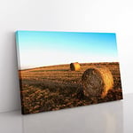 Landscape Hay Bales on a Field No.3 Modern Canvas Wall Art Print Ready to Hang, Framed Picture for Living Room Bedroom Home Office Décor, 50x35 cm (20x14 Inch)