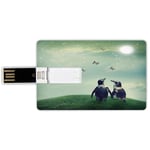 32G USB Flash Drives Credit Card Shape Surrealistic Memory Stick Bank Card Style Penguin Couple on Grass Warming Up with Sun Butterfly Hope Theme Decorative,Hunter and Almond Green Waterproof Pen Thum