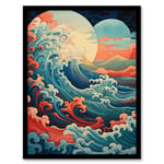 Sea Waves Sunset Seascape Painting Pink Red Blue Great Wave Off Kanagawa Stylised Depiction Art Print Framed Poster Wall Decor