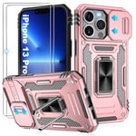 Jshru for iPhone 13 Pro Case with Screen Protector [2 Pack] and Slide Camera Cover,Military Grade Shockproof iPhone 13 Pro Phone Case,Ring Kickstand Phone Cover for iPhone 13 Pro,Rose Gold