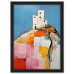 House on the Hill Oil Painting Abstract Geometric Patchwork Palette Knife Pastel Colour Rural Landscape Artwork Framed Wall Art Print A4