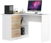 Bureau AKORD d'angle gauche B16 Blanc 124 cm 3 tiroirs façade Chêne Sonoma 2 étagères 124x85x77 cm