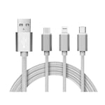 3 i 1 laddare (USB Micro, USB Type-C OCH Lightning) - 1,2 meter (silver-nylon)