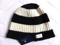 GANT USA Black Barstripe RIB Cotton Wool Alpaca Beanie Toque Hat Mens New