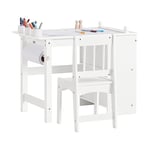 SoBuy Ensemble Table et Chaise Enfant, Set de 2 Pièces, Bureau Enfant, Table d'Étude pour Enfants avec 2 Étagères, 1 Porte-Rouleau de Papier et 3 Emplacements pour Stylos, Blanc, KMB60-W