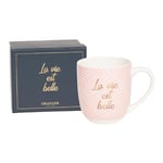 DRAEGER PARIS - Mug en Céramique - Rose - " La Vie Est Belle" - Idée cadeau Famille, Ami, Collègue, Anniversaire, Noël - 320 ml - Avec Boîte Cadeau