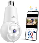 Caméra Surveillance Ampoule Extérieure 5GHz/2.4GHz, Caméra WiFi 360° sans Fil, Caméra Sécurité 3K 5MP avec Suivi Humain, Vision Nocturne Couleur, Audio Bidirectionnel, Compatible avec Alexa