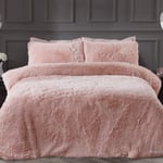 Sleepdown Fleece Luxury Long Pile Faux Fur Blush Pink Super Soft Easy Care Duvet Cover Quilt Bedding Set with Pillowcases - Double (200cm x 200cm)