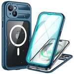 Lanhiem Coque pour iPhone 15 Plus Étanche,IP68 Imperméable 360 Integral Renforcée Antipoussière Anti-Neige Resistante Waterproof Etui[Compatible avec MagSafe]Protection Housse pour iPhone 15 Plus,Bleu