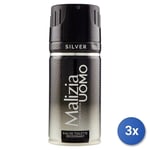 3x Malizia Déodorant Spray Homme 150 Ml. Argent